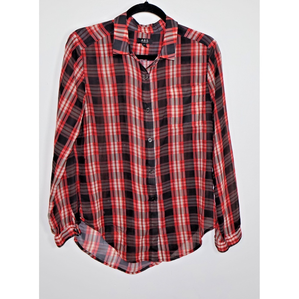 ASB Blouse Size Medium Red Blue Plaid Sheer Sleeve Blouse